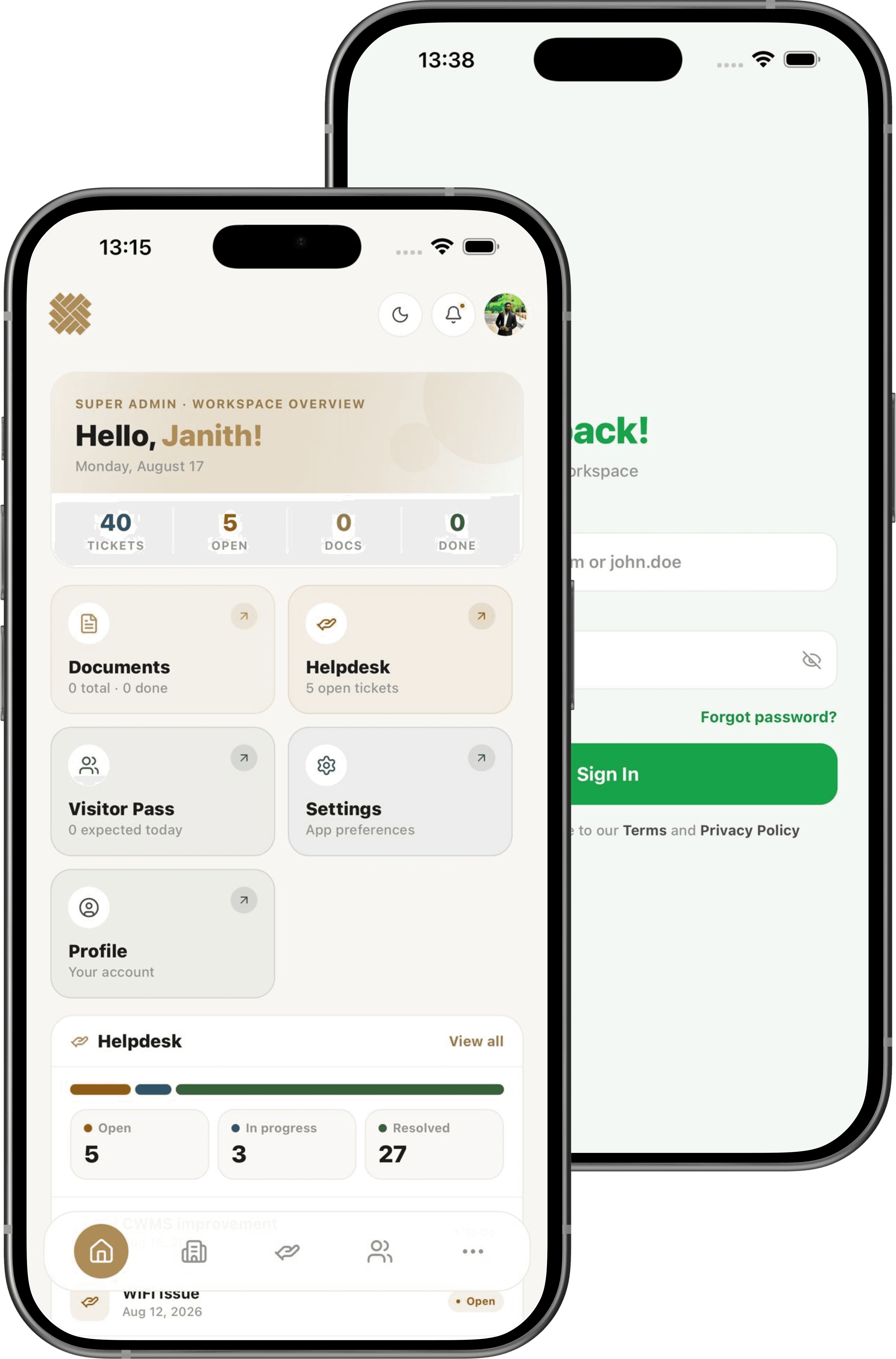 The CWMS member app home screen, showing ticket counts and shortcuts to documents, helpdesk, visitor passes and profile